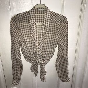 Gingham Checked Sheer button down ruffled blouse S